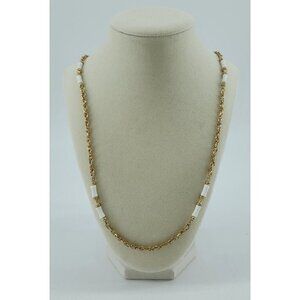 Vtg Signed Sarah Coventry 30" Chain Necklace Gold Toned White Elongated Beads